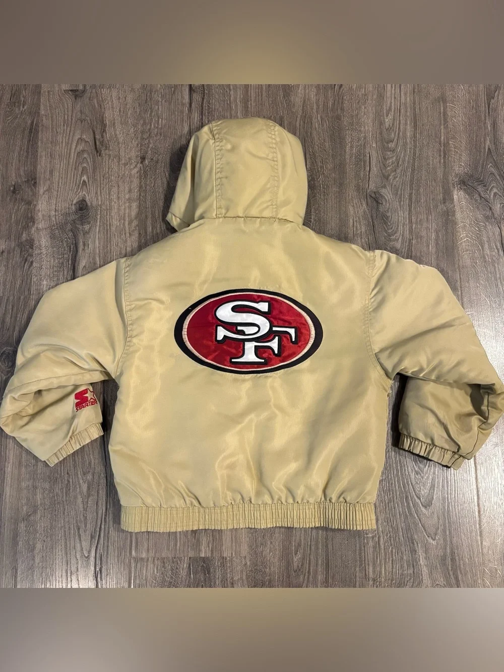 Rare Retro STARTER 1980-90s NFL San Francisco 49ers Hooded Gold Jacket Kids SmL